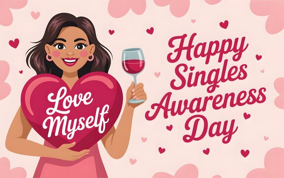 Woman celebrating singles awareness day with wine and a heart saying love myself - Powered by Adobe