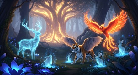 A mystical gathering of spirit animals including a phoenix, winged tiger, and ethereal deer in a magical forest