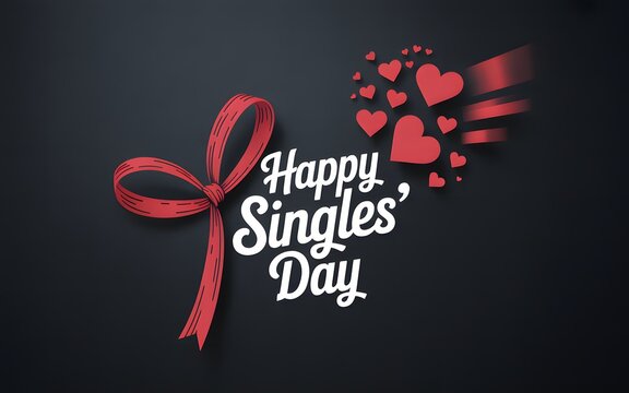 Happy singles day celebration with red ribbon and heart shapes
