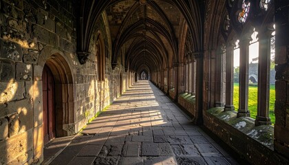 Historic Stone Cloister Walkway Bathed in Sunlight and Shadows.