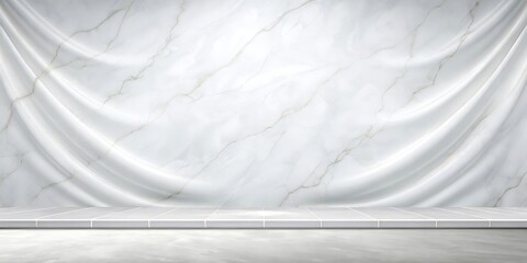 A mockup white marble wall with draped white fabric and a tiled floor creating a studio display setting image