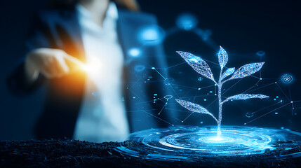 Scientist interacts with a glowing digital plant in a high-tech environment, symbolizing innovation in biotechnology and sustainable growth.