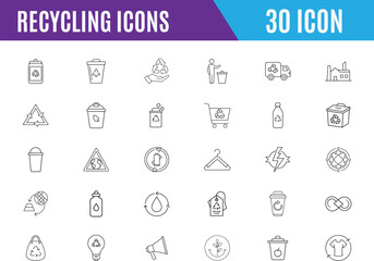 Recycling line icon set. Eco-friendly, green energy, including recycling, waste management, pollution, vector icon in linear style. 