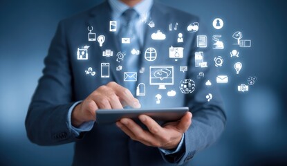 Businessman using tablet, surrounded by digital icons