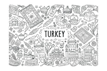 Fototapeta premium Cultural exploration of turkey traditional artifacts and iconic landmarks graphic travel environment. Vector illustration