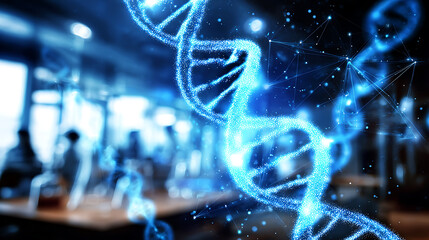 Digital representation of a DNA double helix in a laboratory setting with glowing blue particles and network connections