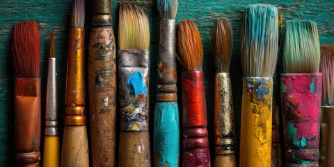 Fototapeta premium A collection of various paint brushes with different colors and textures, arranged on a green wooden surface.