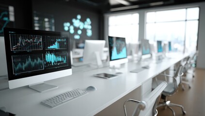 Modern, bright office with many computers displaying financial charts