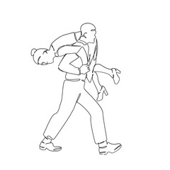 One continuous single drawing line art flat doodle shoulder, man, woman, fun, girlfriend, boyfriend, carrying. Isolated image hand draw contour on a white background, hand drawn, not AI
