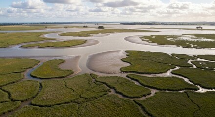 Aerial view of a network of waterways and wetlands