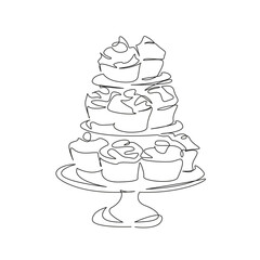 One continuous single drawing line art flat doodle muffin, food, food and drink, sweet food, cake, tray, baking. Isolated image hand draw contour on a white background, hand drawn, not AI