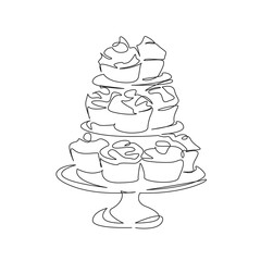 One continuous single drawing line art flat doodle muffin, food, food and drink, sweet food, cake, tray, baking. Isolated image hand draw contour on a white background, hand drawn, not AI