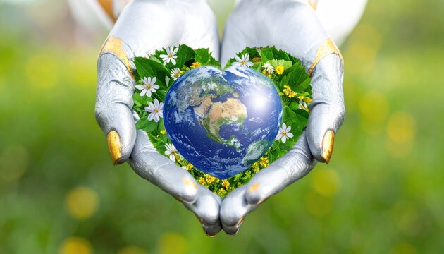 Caring hands cradle a heart shaped Earth surrounded by green leaves and flowers symbolizing environmental love and protection.