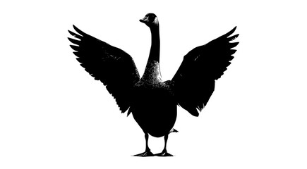 a black and white silhouette of a goose with its wings spreadbeak, bird, black, crane, flap, flight, fly, goose, photo, sky, spread, stand, white, wing 