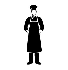 a black and white silhouette of a chef wearing an apron and a chef's hatapron, baker, black, chef, cook, dress, flat, hat, icon, illustration, man, profile, robe, stand, wear 