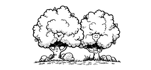 a black and white line drawing of two stylized trees with happy faces, surrounded by small plants and grassdrawing, hide, illustration, lamb, stand, tree 