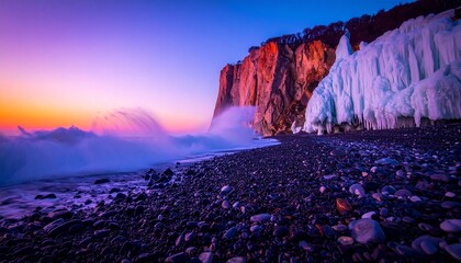 A massive glacier calving into the icy sea.  