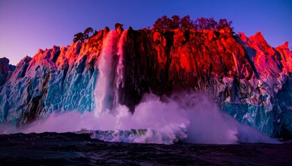 Sea spray rises dramatically in the chilly air.  