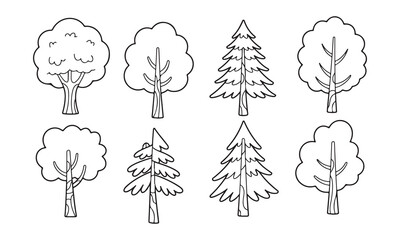 Collection of hand drawn trees isolated on white background