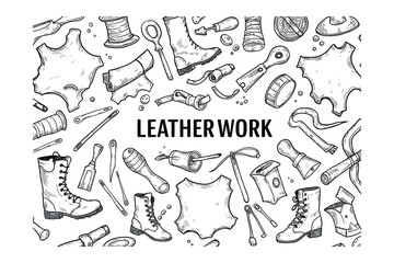 Leather work techniques and tools artisan workshop graphic creative environment top-down view craftsmanship essentials. Vector illustration