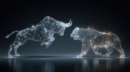 Glowing bull versus bear silhouette concept illustrates financial stock market chart struggle. powerful image represents confrontation and trends in modern trading
