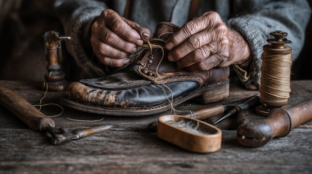 Skilled craftsman repairs leather shoe with care in workshop