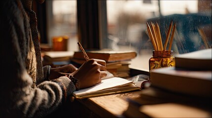 Person writing in notebook by window