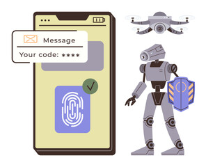 Smartphone displays secure fingerprint and message verification, accompanied by a surveillance quadcopter and a robot holding a shield. Ideal for technology, security, innovation, digital protection
