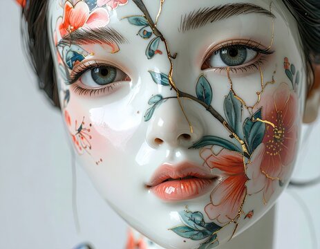 Artistic Cracked Porcelain Face with Delicate Floral Kintsugi Decorations.