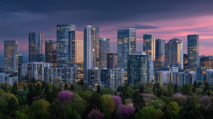 Naklejka premium Pastel evening skyline over city park