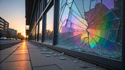 Shattered Window with Rainbow Refraction at Sunset – Stunning Abstract Light Play