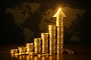  Global Financial Growth and Success Concept with Stacks of Gold Coins Forming an Upward Arrow on a World Map Background