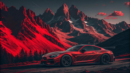 Red Sports Car Parked Against a Breathtaking Mountain Backdrop