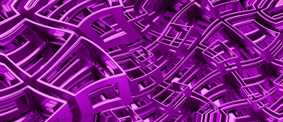 Intricate patterns of interconnected purple shapes create a dynamic three-dimensional design