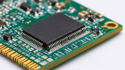 Close up view of green electronic circuit board with microchip processor. intricate hardware component represents modern technology, engineering, and innovation in computing