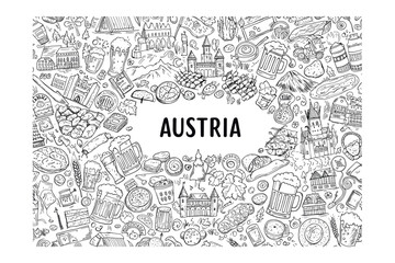 Cultural delights of austria gastronomy and landmarks artistic culinary environment aerial view exploration. Vector illustration