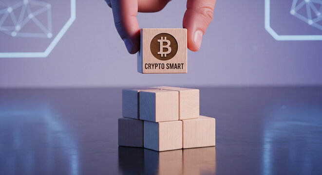 Hand places bitcoin cryptocurrency wooden block on stack symbolizing digital asset growth and financial technology innovation