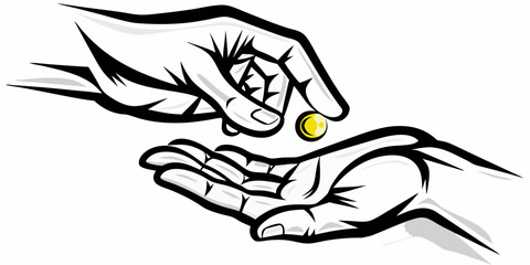 Stylized illustration of one hand giving a single gold coin to another open hand