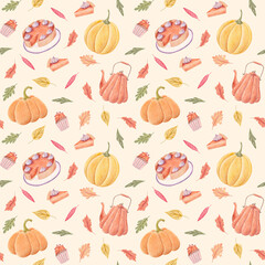 Seamless hand drawn pattern with pumpkin pie, cupcakes, gourds, teapot, autumn leaves. Seasonal repeatable design for Thanksgiving Day, harvest festival, fall holiday wrapping paper, kitchen textile.