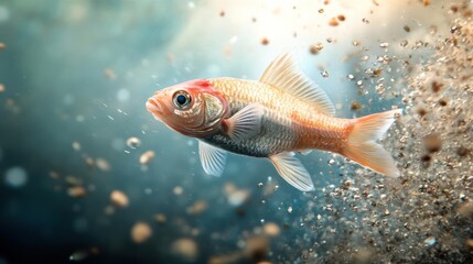 Enchanting underwater world showcasing a goldfish amidst bubbles and sparkling particles