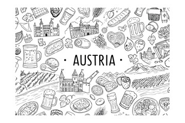 Fototapeta premium Culinary adventure in austria food and drink illustrations cultural elements whimsical style graphic. Vector illustration