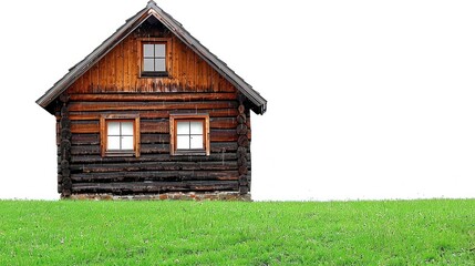 Rustic wooden house on green grass hill with blank white background perfect for nature and architecture themed designs
