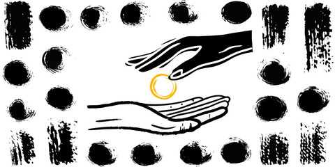 Hand giving coin to another hand with abstract brush stroke elements and circles