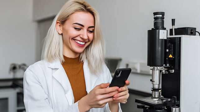 A scientist in a lab coat smiles while using a smartphone, with a microscope visible in the background.