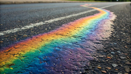 Colorful Rainbow Oil Spill Pattern on Wet Asphalt Surface