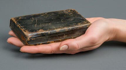 Vintage hand-held box displayed on palm with worn surface and textured finish exhibiting antique charm and historical significance in neutral background