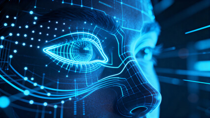 Digital human face with glowing circuit patterns and illuminated eye, representing advanced biometric technology