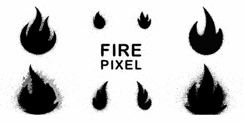 Collection of black pixelated fire icons and flames with text fire pixel