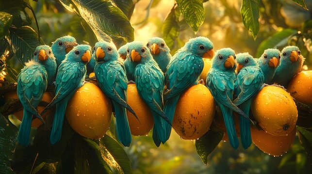 A group of vibrant turquoise parrots perched on ripe mangoes in a lush, sunlit orchard.
