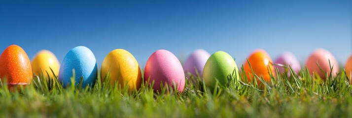 Colorful Easter eggs in a row on a fresh green grass among blue sky. Copy space for text. Chicken eggs of different solid colors. Festive decorated Easter pattern vibrant colour. Easter greeting card